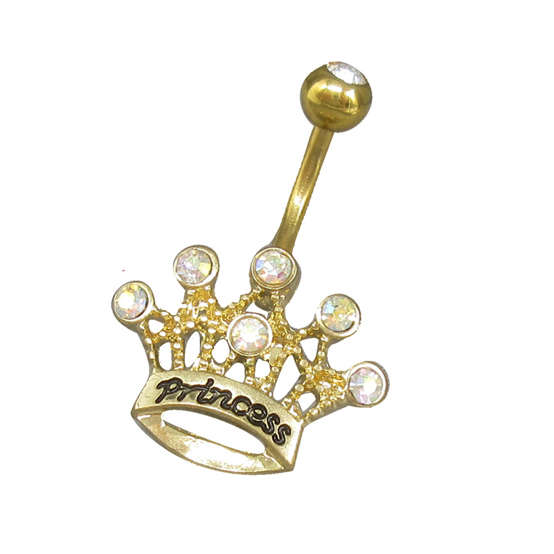 BBR-119 2021 Body Piercing Jewelry Luxury Belly Button Rings Surgical Rose Gold Zircon Crown Belly Rings With Princess Letter