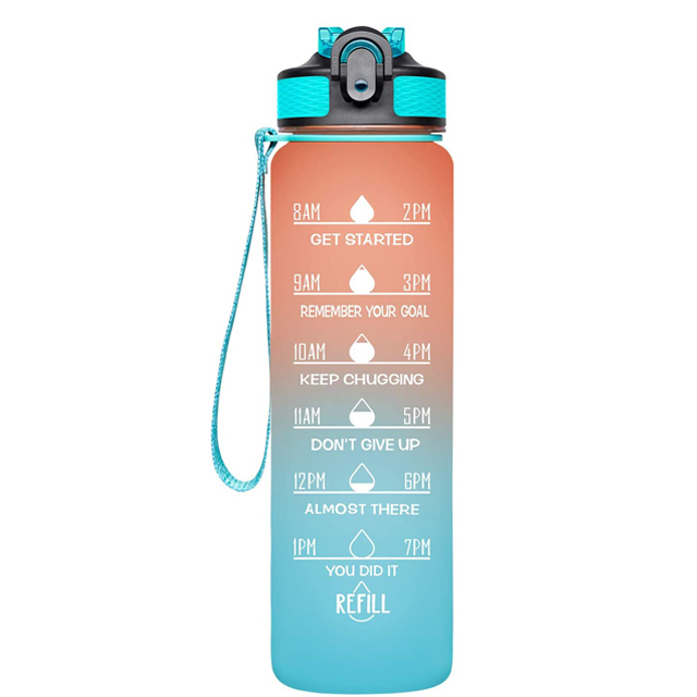 outdoor sport single wall plastic water bottle 32 oz motivational drinking water bottle with time marker and straw