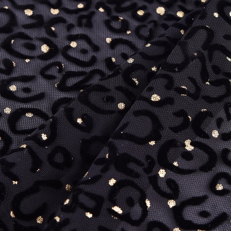 Factory Manufacturer 100% Polyester Gold Foil Print Knit Velvet Flocked Mesh Fabric
