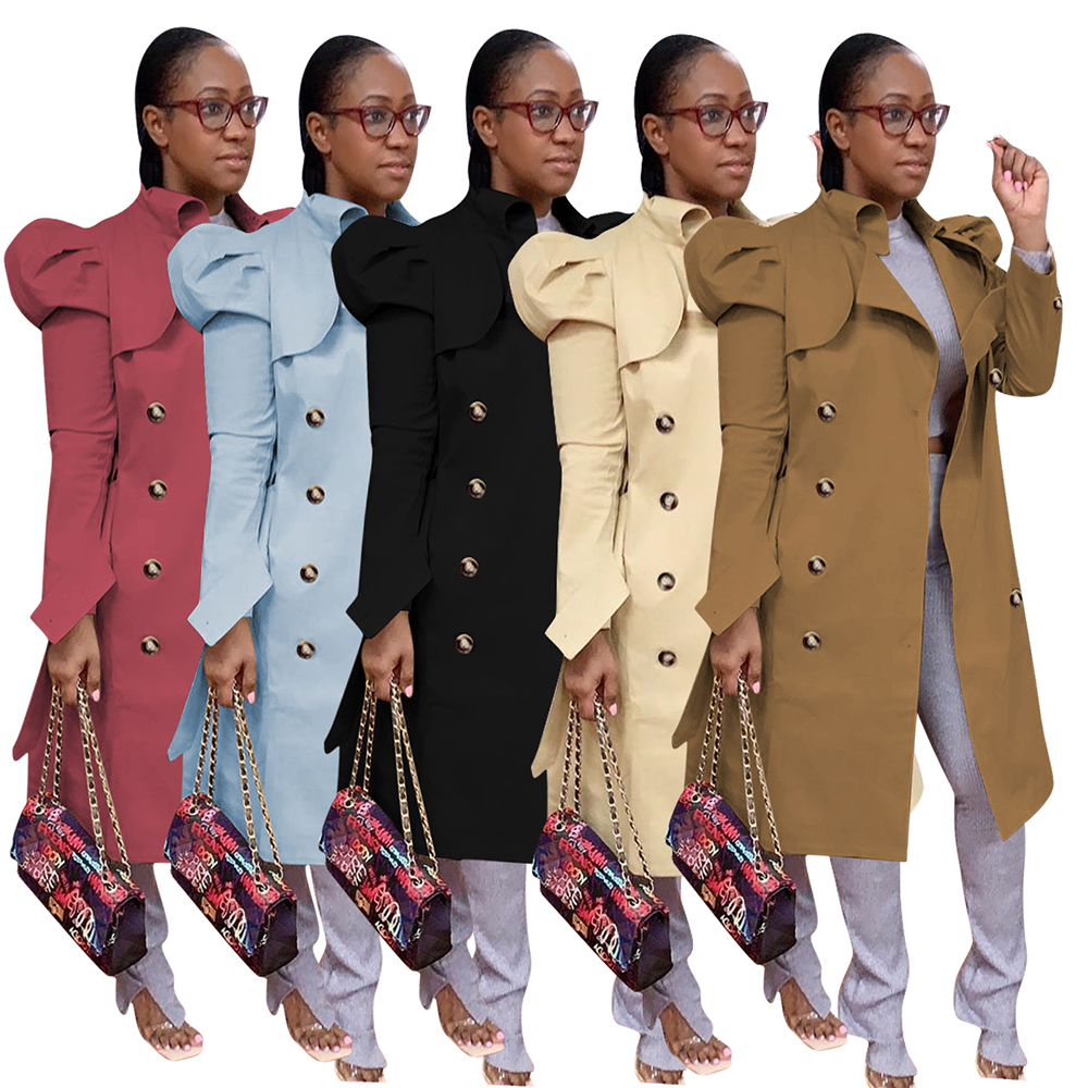 Wholesale New Trending Long Sleeve Solid Petal Winter Jackets And Coats 2021 Fall Khaki Button Top Ladies Long Trench Coat Women