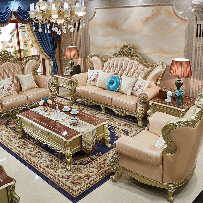 Luxury European design French style classic sofas oak wood hand carved living room furniture real leather sofa set