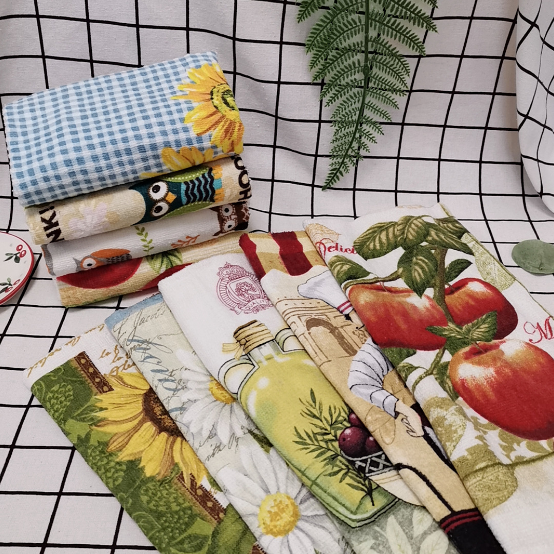 Nordic Digital Printed Kitchen Cleaning Dish Cloth Cut Velvet Cotton Kitchen Cloth Napkin Tea Towel