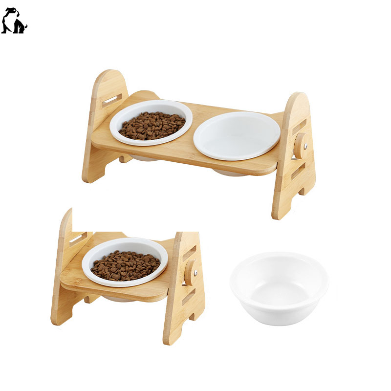 HANDOU Pet Cat Dog Ceramic Water Food Bowl Adjustable Bamboo Wood Elevated Bowls Dog Bowl With Stand