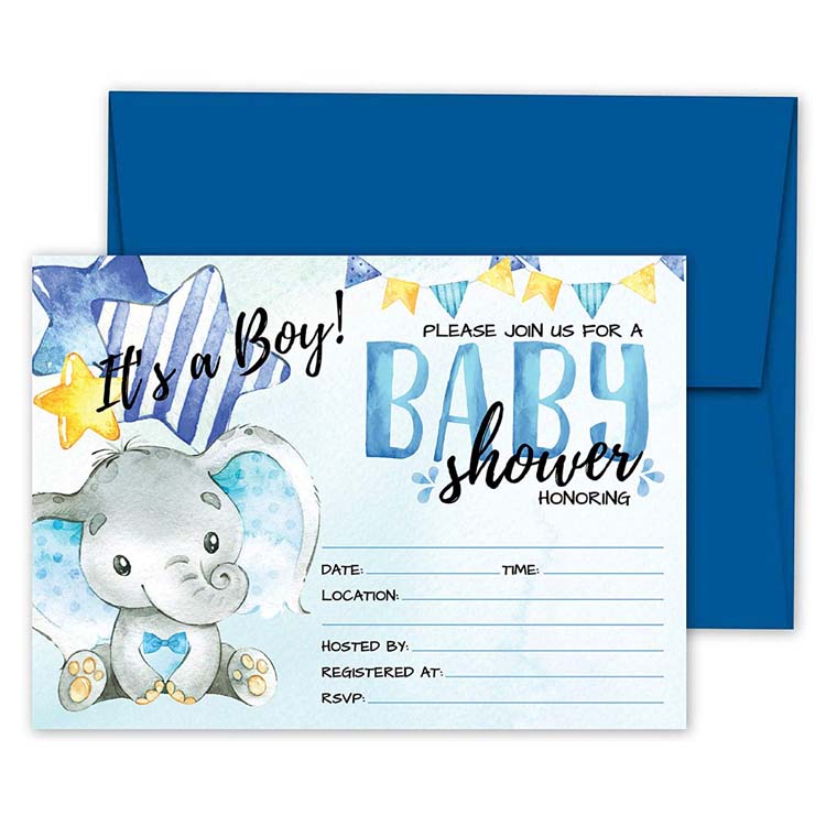 Custom own design deluxe blue 20 large double sided 5 x 7 inch baby invitation cards for baby shower party