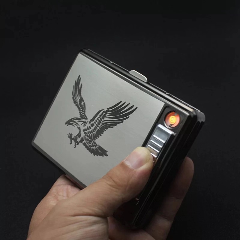 Металл черный цвет портсигар с перезаряжаемые Электронные USB Зажигалка для подарка держать 20 шт. портсигар