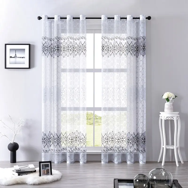 Fancy Classical Transparent Floral Burnout Print Tulle Living Room Window Curtains Sheer Design