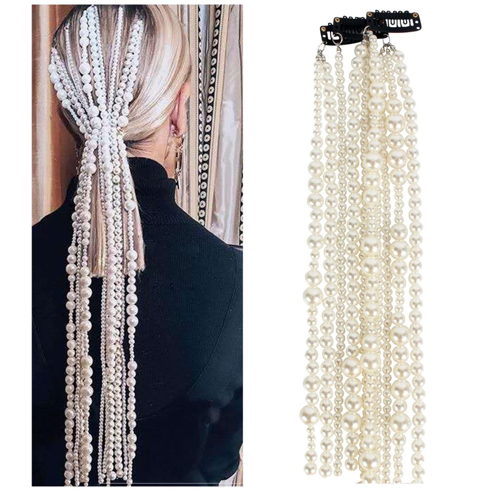 imitation pearl hair chain 2021 New fashion jewelry long alloy chains for women exaggerated head accessories