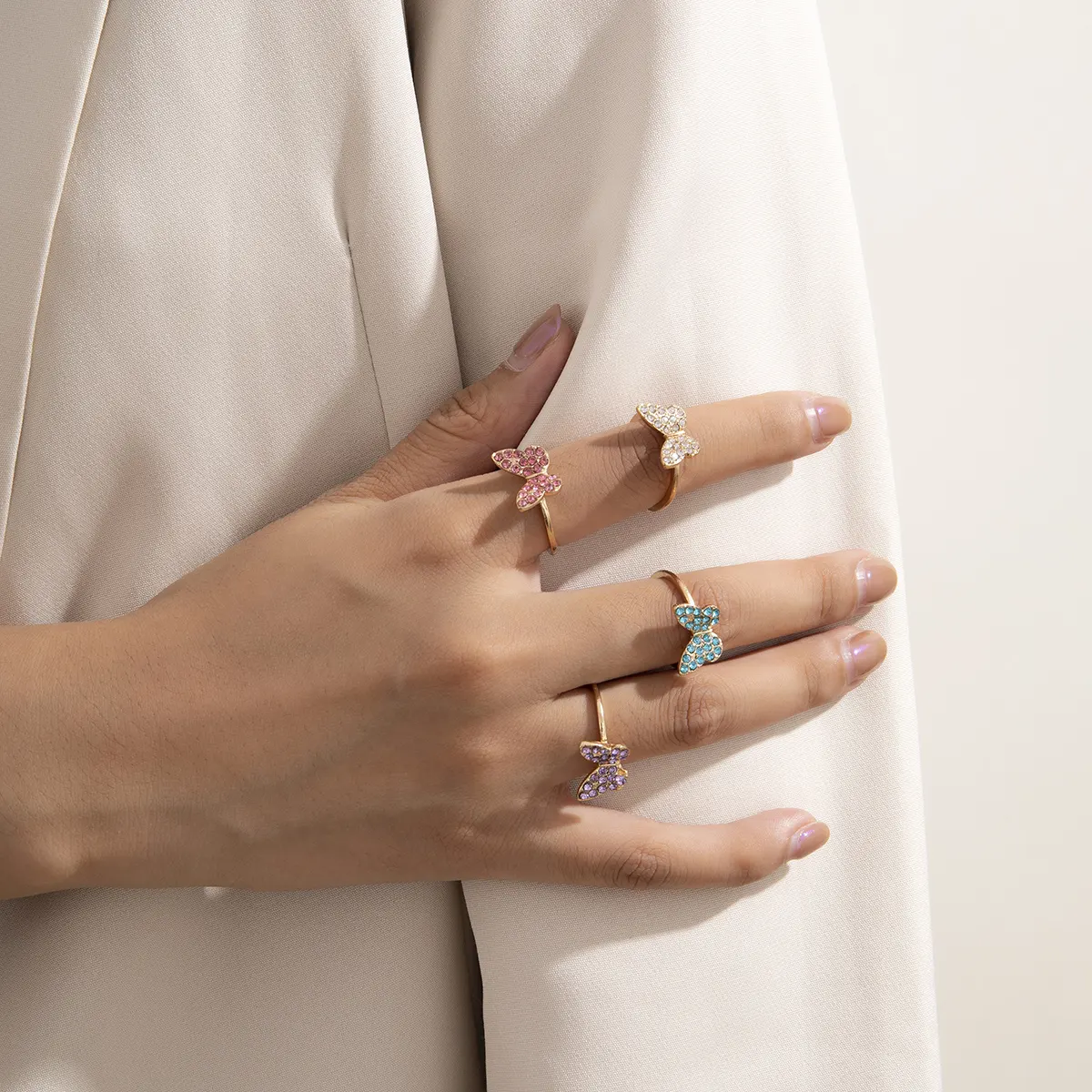 SHIXIN Fashion Micro 4 Colors Shiny Crystal Ring Jewelry Women Cubic Zirconia Butterfly Toe Rings Cute Gold Color Ring Women