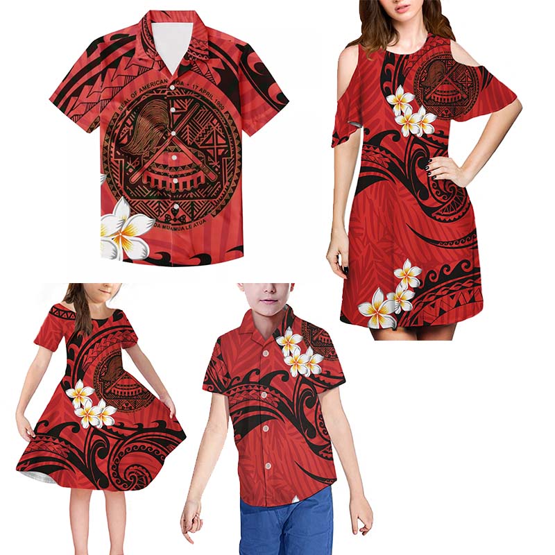 Latest Red Samoan Print 4pcs Summer Family Outfits Matching Daughter Matching Outfits Dress Custom Family Clothing T Shirts Set