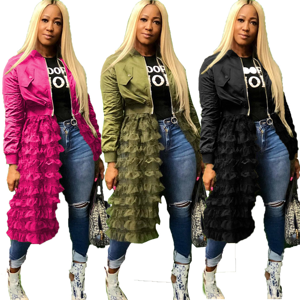 Hot Selling Ladies Zippers Tops Long Sleeve Patchwork Mesh Dresses Solid Color 3xl Plus Size Sexy Fall Women Jacket