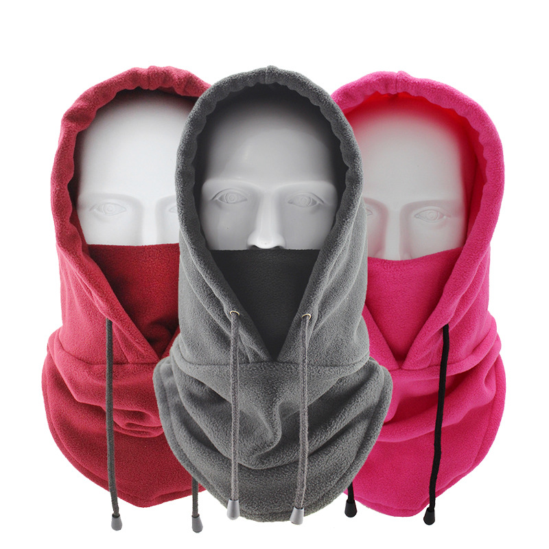 Wholesale Winter ski mask hoodie hat thick warm fleece drawstring outdoor cycling mask for men women