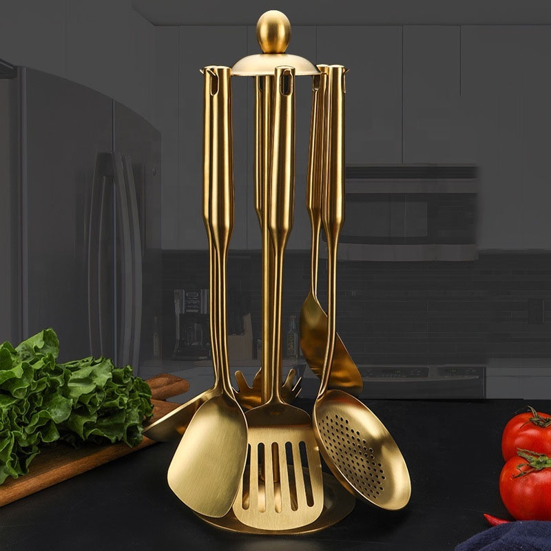 Kitchen Metal Cookware Spoon Accessories Set of 6 Stainless Steel Gold Kitchen Utensil Set with Holder