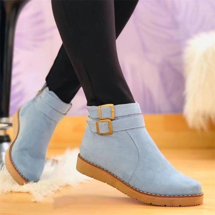 Fashion belt buckle short boots Hot suede fashion women's boots flat bottom plus size martin boots