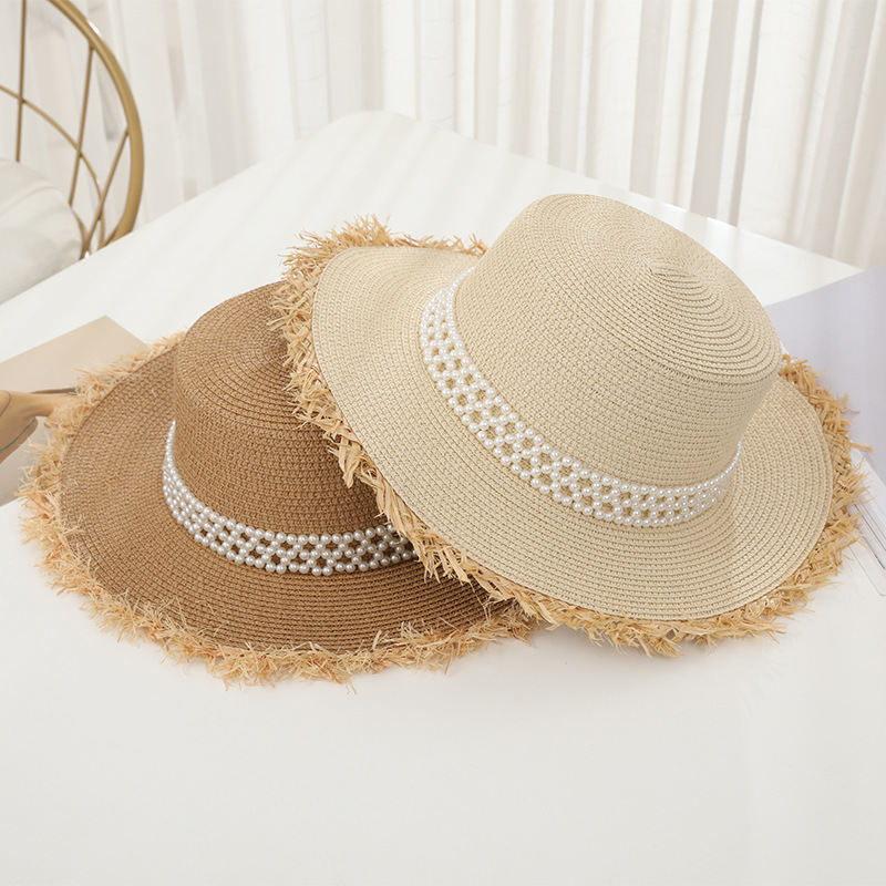 Hot Selling French Elegant Pearl Flat Straw Hat Women Outing Sunhat Fashion Flat Brim British Top Hat High Quality