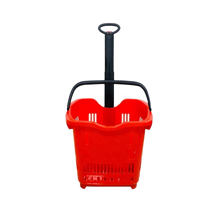 Cheap Price 40L Plastic Telescopic Handle Rolling Shopping Basket With 2 Wheels  Supermarket Shopping Basket With Rollers