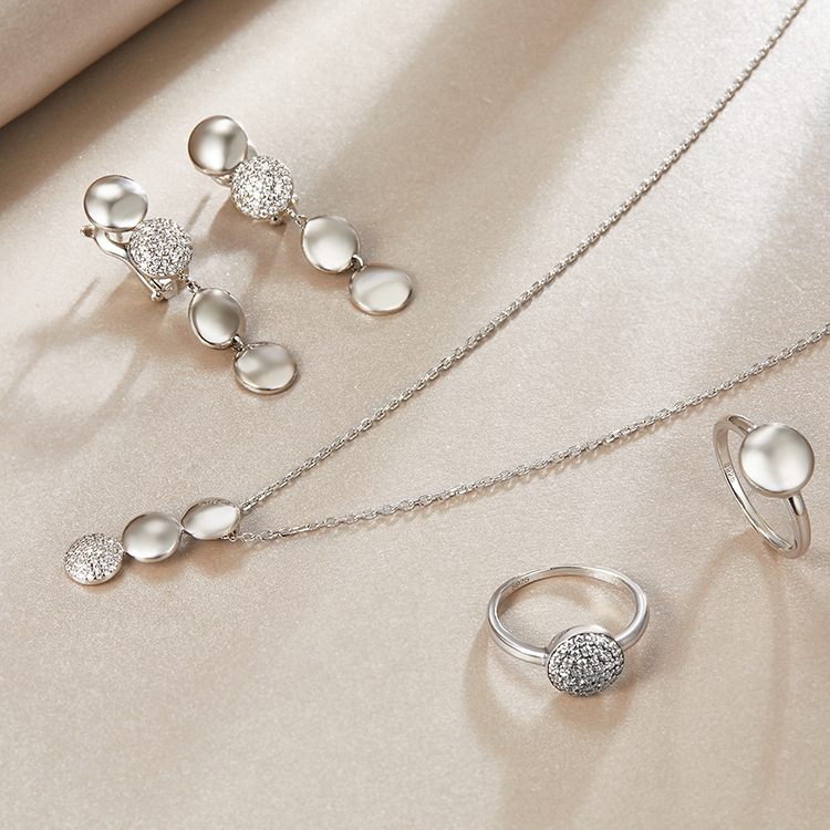 925 Silver Jewelry Sets Cubic Zirconia Lip Bling Necklace Earrings Ring Round Circle Iced Necklace Earrings Ring Sets