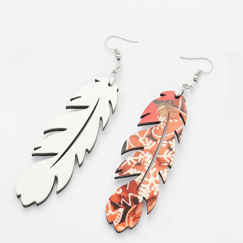 Feather Shaped Double Printable Blank MDF Earrings with Hardware For Girls Laddies Gifts Customized