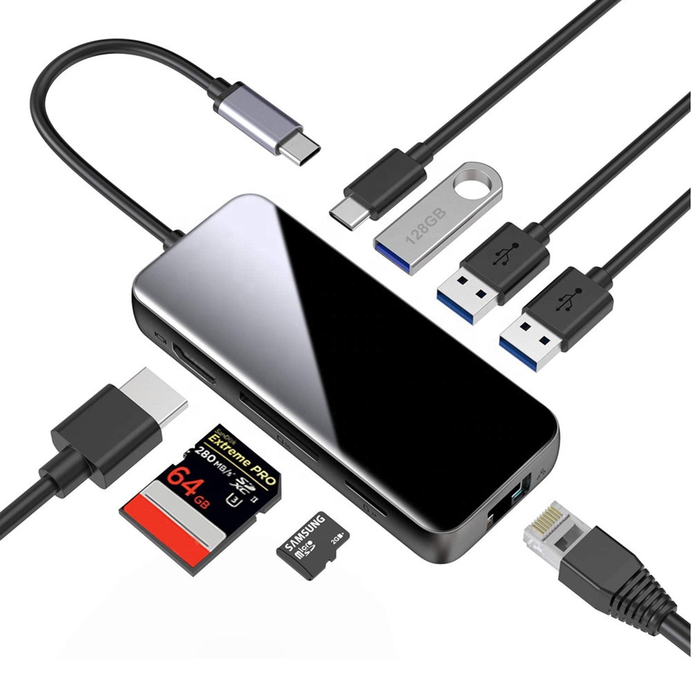8 в 1, зеркальный боковой дизайн, Тип C на Gigabit Ethernet 4K HDMI TF SD и USB-C PD зарядка, 3 USB 3,0 концентратора для MacBook и многого другого