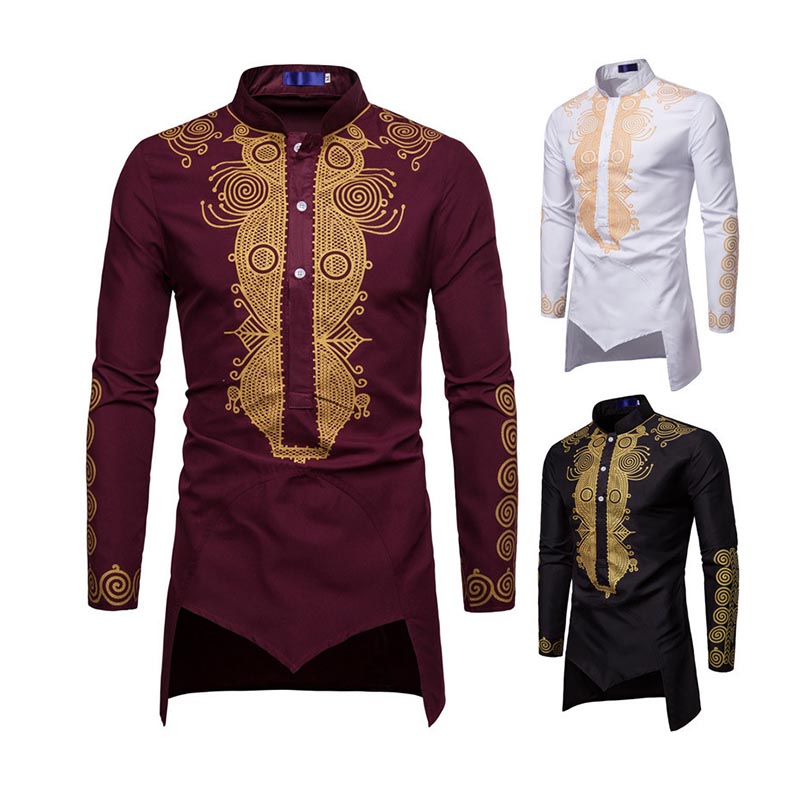 Slim Fit Dashiki African. Men Clothes Black Golden Printed Long Sleeve Men's Shirts Traditional Muslim Clothing&accessories/