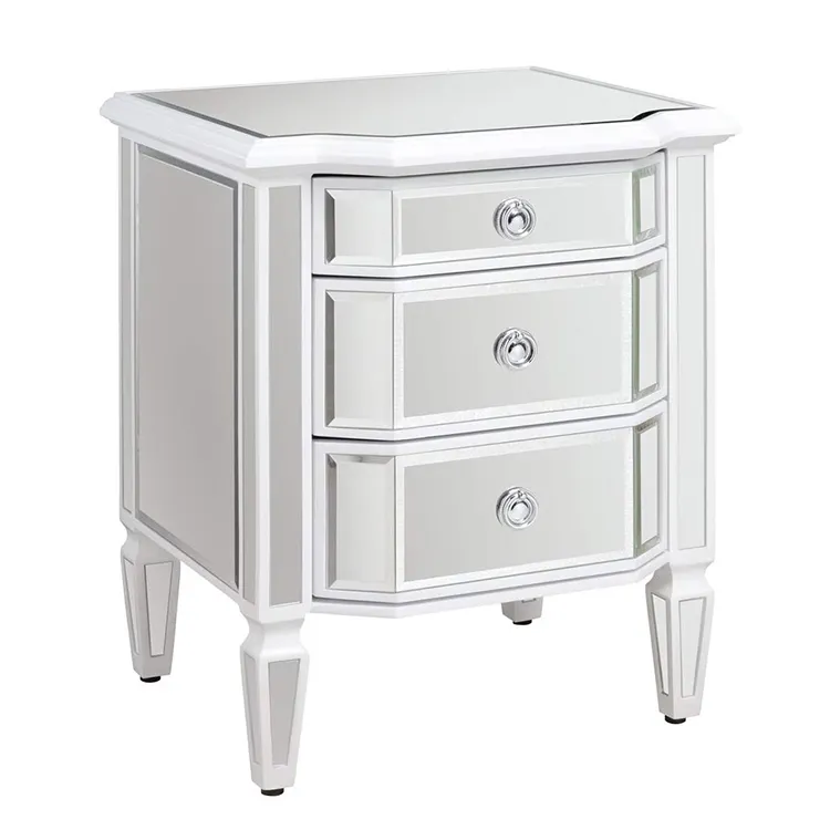 White Wooden Trimming Leonore Mirrored Bedside Table Mirror Bed Room Night Stand