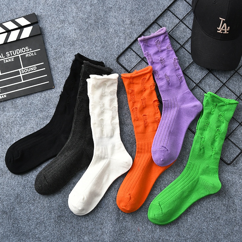 Amazon multi color knitting fashion black Novelty ripped calf tube crew street women socks