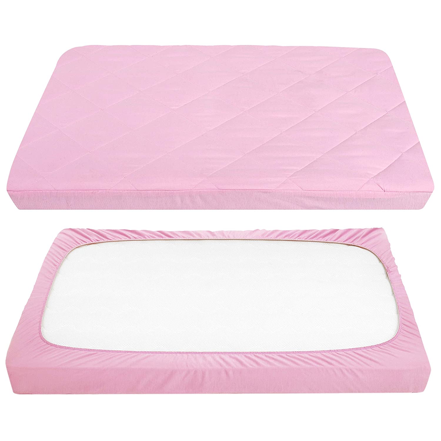 Sheet Quilted, 39''x27''x5'' Fit Mini/Portable Crib Mattress Pad Pack, Jade Pink