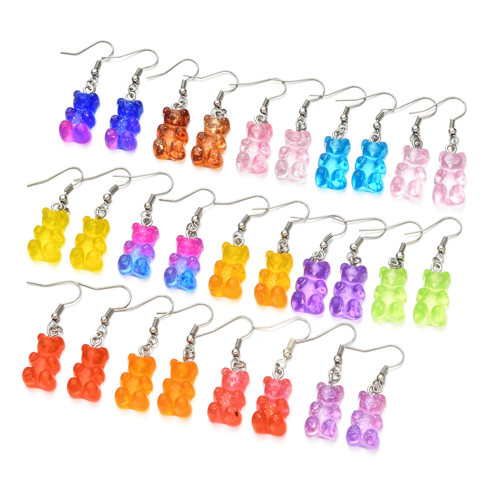 Fashion Cartoon Style Hook Earrings Clear Resin Earrings Bear Animal Colorful Hanging Drop Earrings For Girl Jewelry
