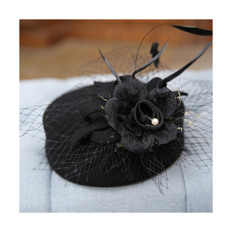 New British Style Autumn Retro Grace Elegant Bow Mesh Wool Tweed Stewardess Female Hat Top Hat Women's Casual Flower Beret