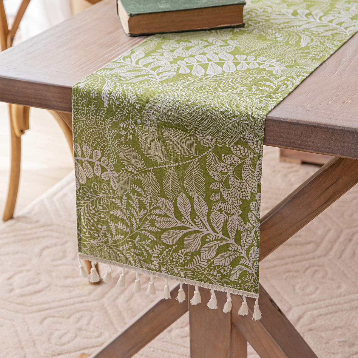 Summer Anne's Green Floral Design Printed Long Dining Table Custom Table Cloth