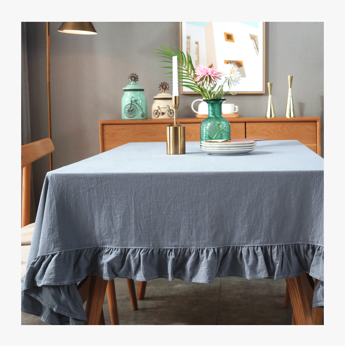French Vintage Ruffle Trim Tablecloth Washable Cotton Linen Table Cover for Kitchen Farmhouse Rustic Wedding/