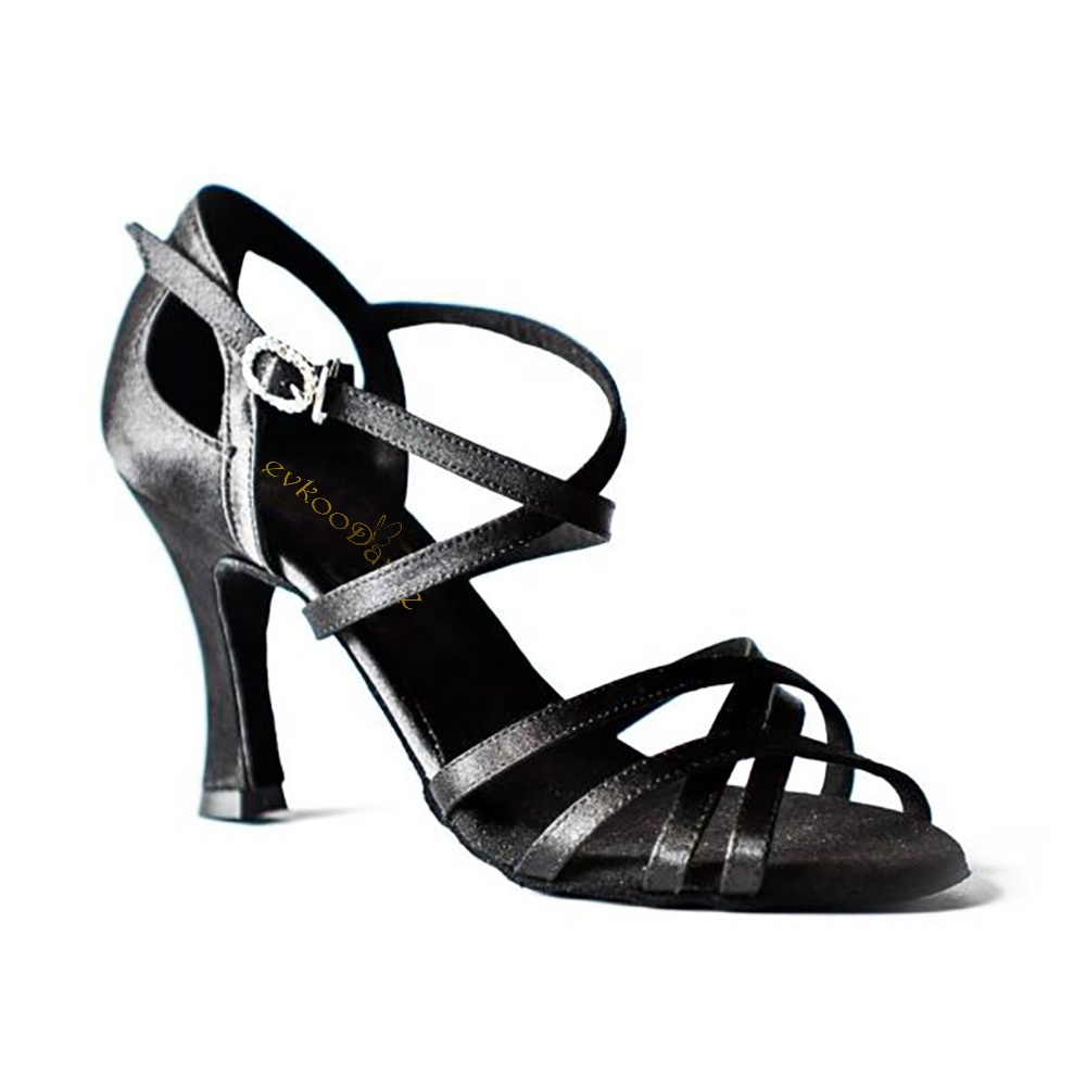 Black Satin With Drill Buckle 7cm Heel Height Zapatos De Baile Latin Salsa Ballroom Dance Shoes for Dancing Latin Dance Women