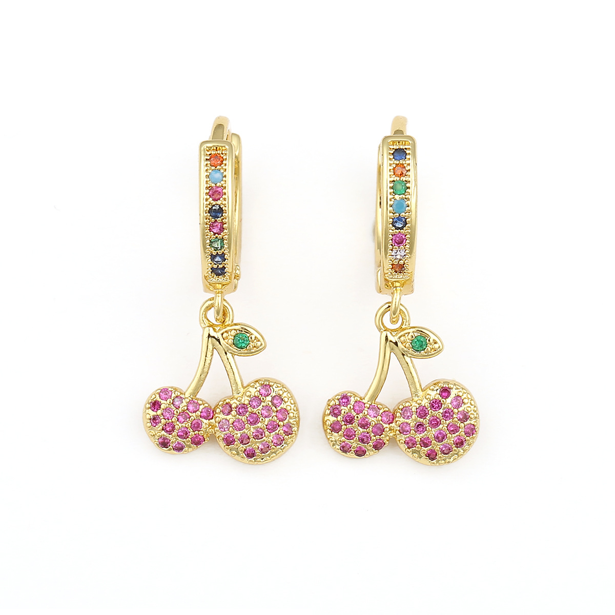 2021 New Hip Hop Jewelry 18k Gold Plated Dangle Earring Ice Out Cz Cubic Zirconia Earring Colorful Cherry Drop Hoop Earring