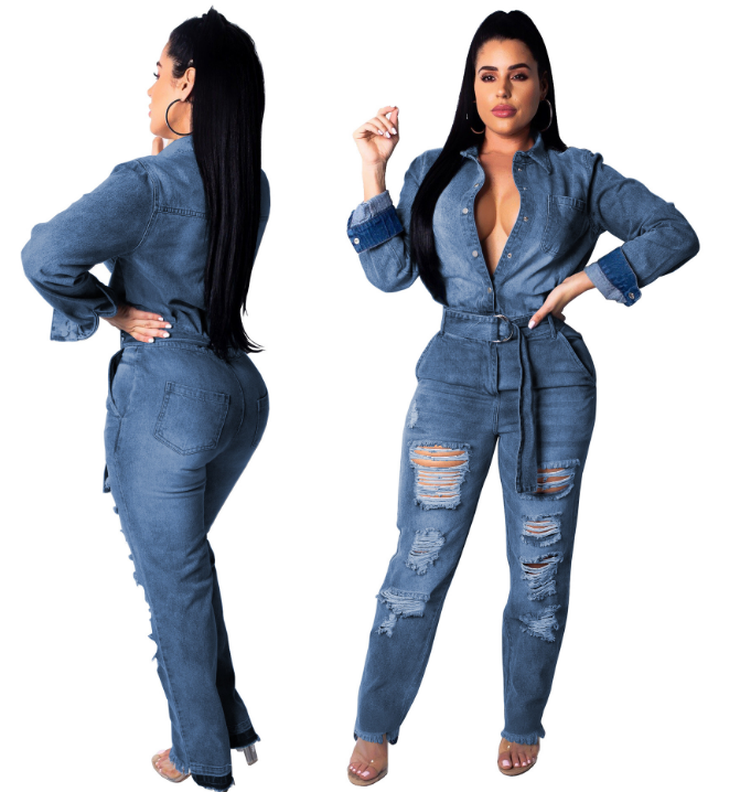 2021 Long Sleeve Spring Denim Women Turn Down Collar Buttons Up Playsuit Party Hollow Out Denim Jumpsuit