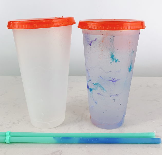 2021 24oz Reusable Coffee Cups Marble Color Change Plastic Cup with Color Change Straws