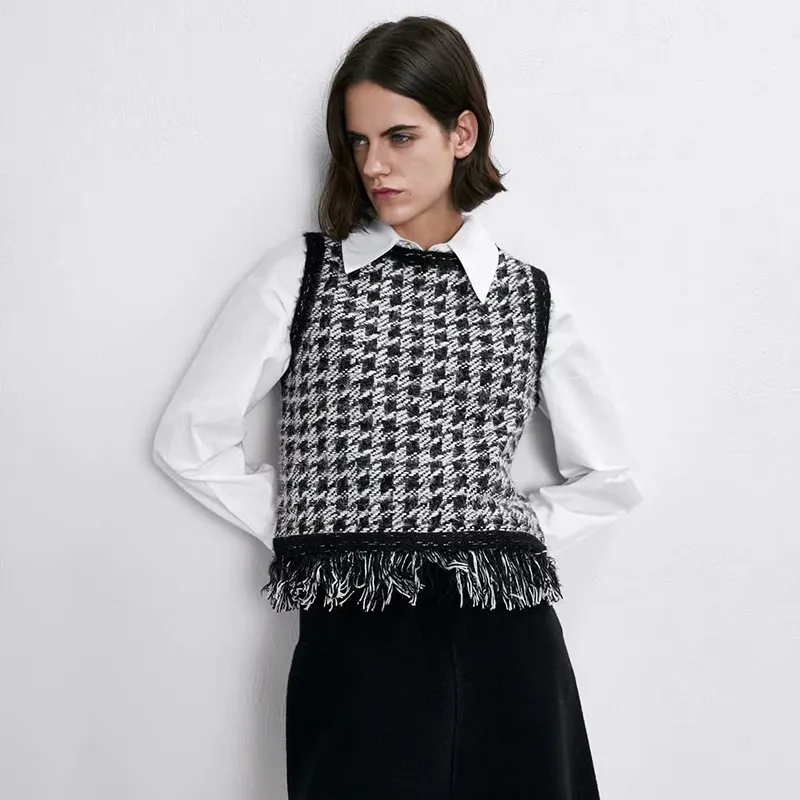 Corchet Sleeveless Pullover Houndstooth Jacquard Women Loose Knit Vest