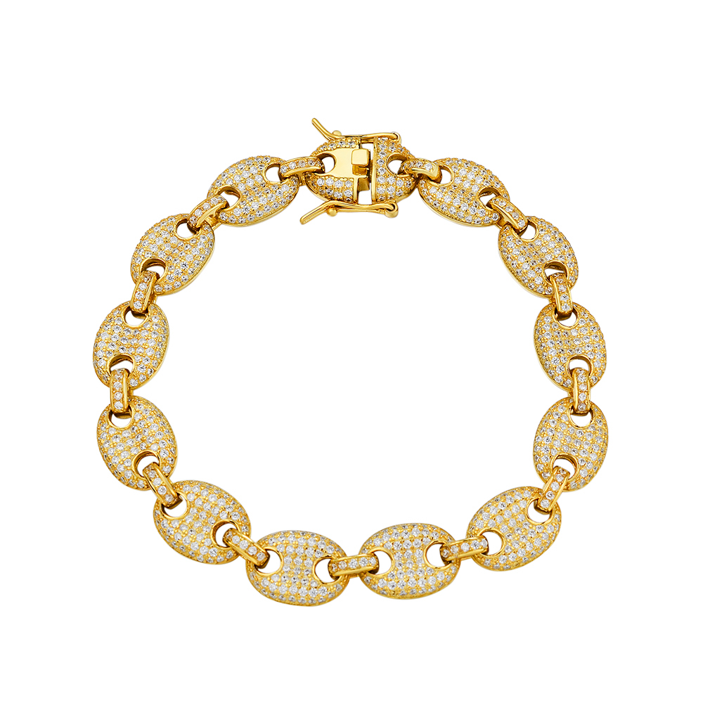 Hip Hop Luxury Coffee Bean Bracelet 18k Gold Plated Iced Out CZ 925 Sterling Silver Men Fashion Chains