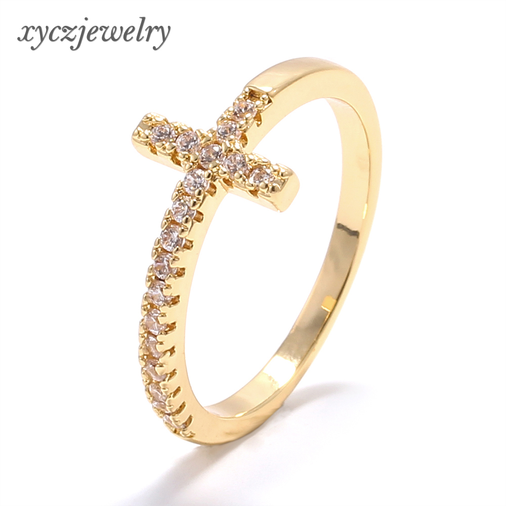 Модный простой перекрестный позолоченное кольцо, 18k позолота, украшенные фианитами обручальные кольца