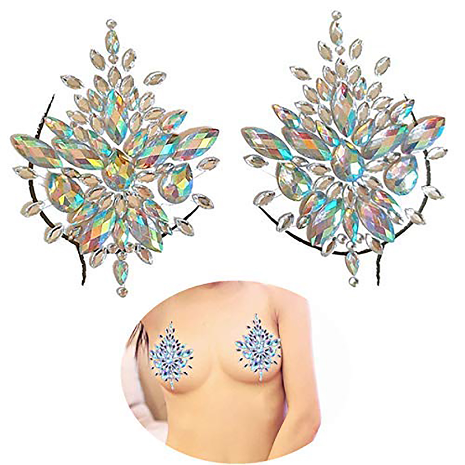 Mermaid Breast Gems Glitter Carnival Rhinestone Face Body Jewelry Stickers Crystal Tattoo Nipples Pasties