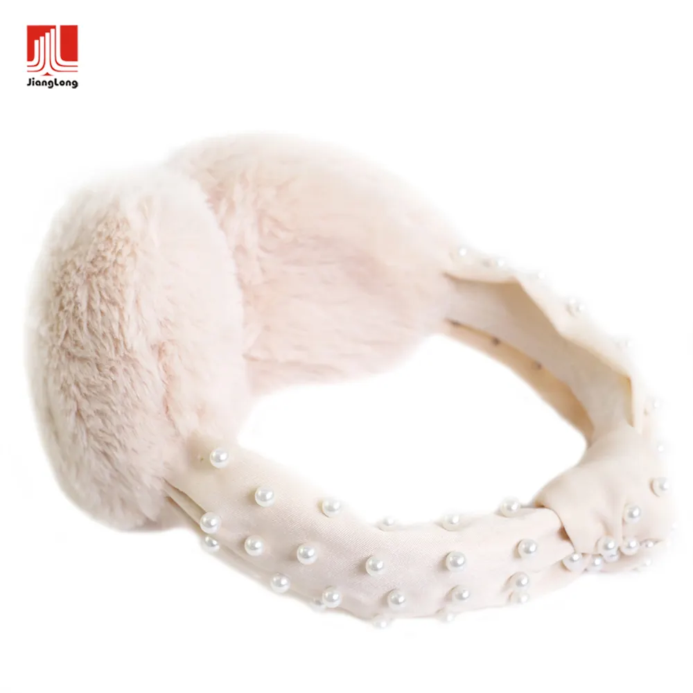 Pure Color Pearl Decorated Adjustable Band Warm Faux Fur Designer Winter Earmuffs