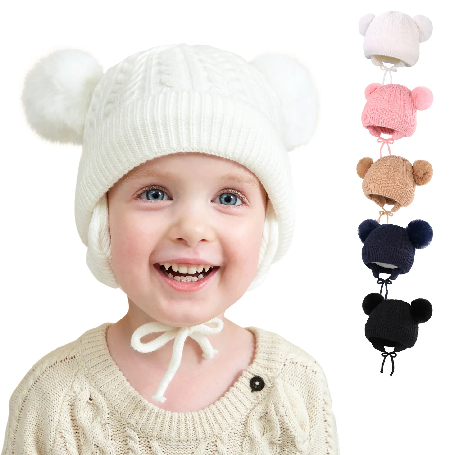 Outdoor Keeping Warm Children Boys Girls Fleece lined Two Pom Pom Beanie Winter Hats For Kids Baby