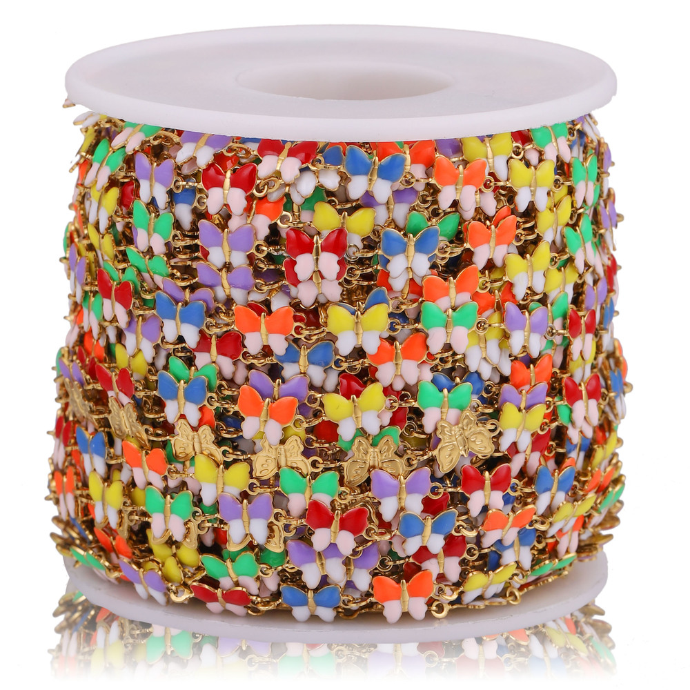Hobbyworker Width 6mm Stainless Steel Butterfly with Mixed Color Enamel Chains for DIY Bracelet Jewelry Making Supplies