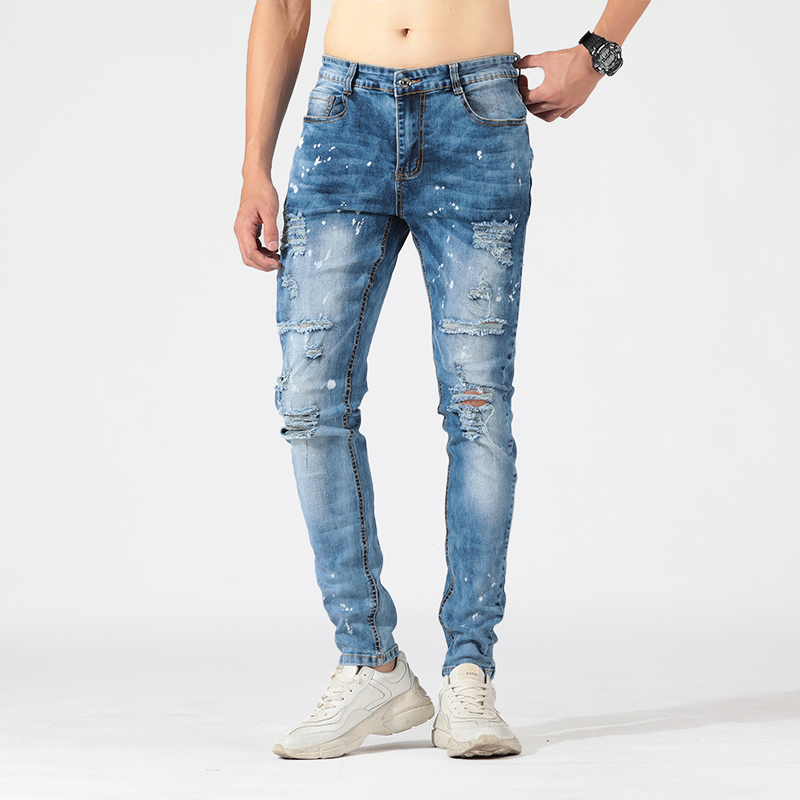 Wholesale high quality custom logo casual trousers fashion washed denim pants men's ripped jeans