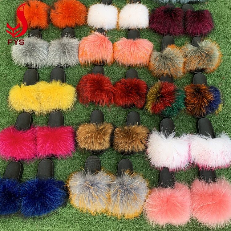New designer big fluffy real raccoon fur slippers sandal furry fur slides for women