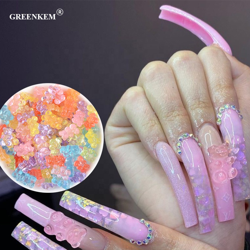 Greenkem 12 шт./кор. ногтей прозрачные кристаллы Подвески медведь 3D смолы Kawaii для дизайна ногтей маникюр Сделай Сам дизайн украшения