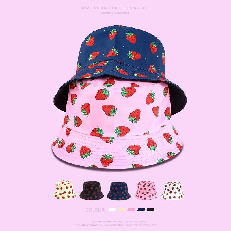 2023 New Cute Pink Fisherman Hat Outdoor Sun Hats Custom Your Logo High Quality Strawberry Bucket Hat For Women
