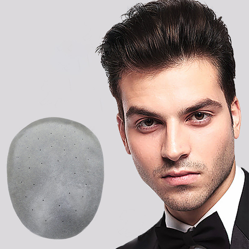 Breathable fully human hair toupee hand made invisible pu base straight hair mens wig