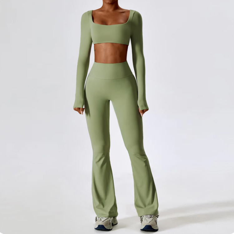 Outfit Gym Fitness Sets Fitness Leggings Mid Waist Seamless Long Sleeve 2 Piece Yoga Set Active Wear Solid Workout for Women
