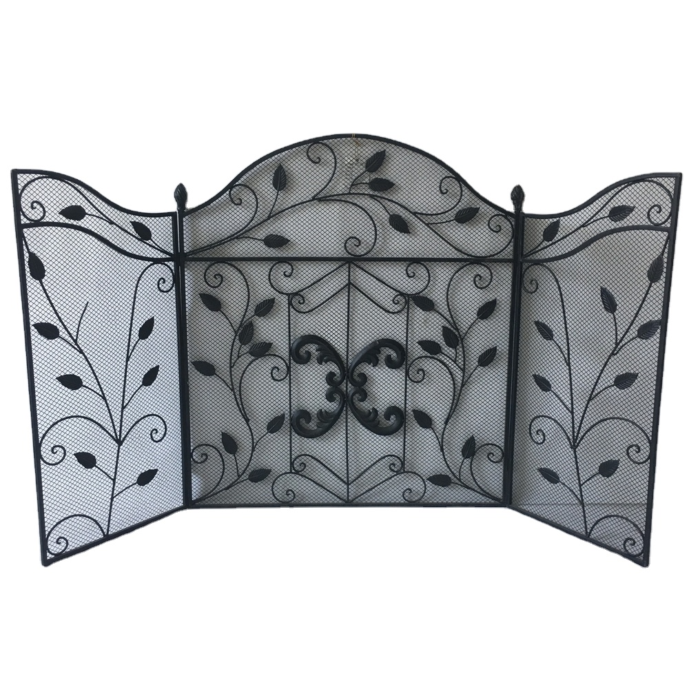 Fireplace Screen/Fireplace Accessories/Leaf Design Indoor Fireplace Screen 3 Panel Pewter Wrought Iron Large Screen