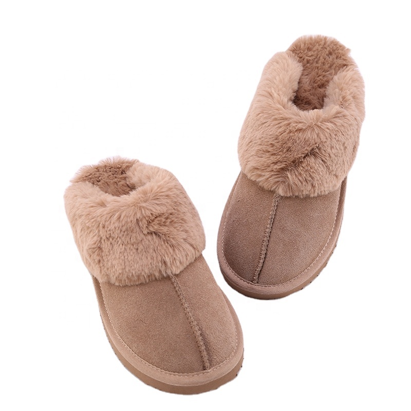 fashion cow suede upper faux fur flat slippers for ladies