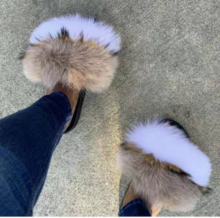 2019 Zhaorun Hot sales Fashionable Design Multi color real Fox Fur Slippers Fur Slides fluffy sandals for Girls